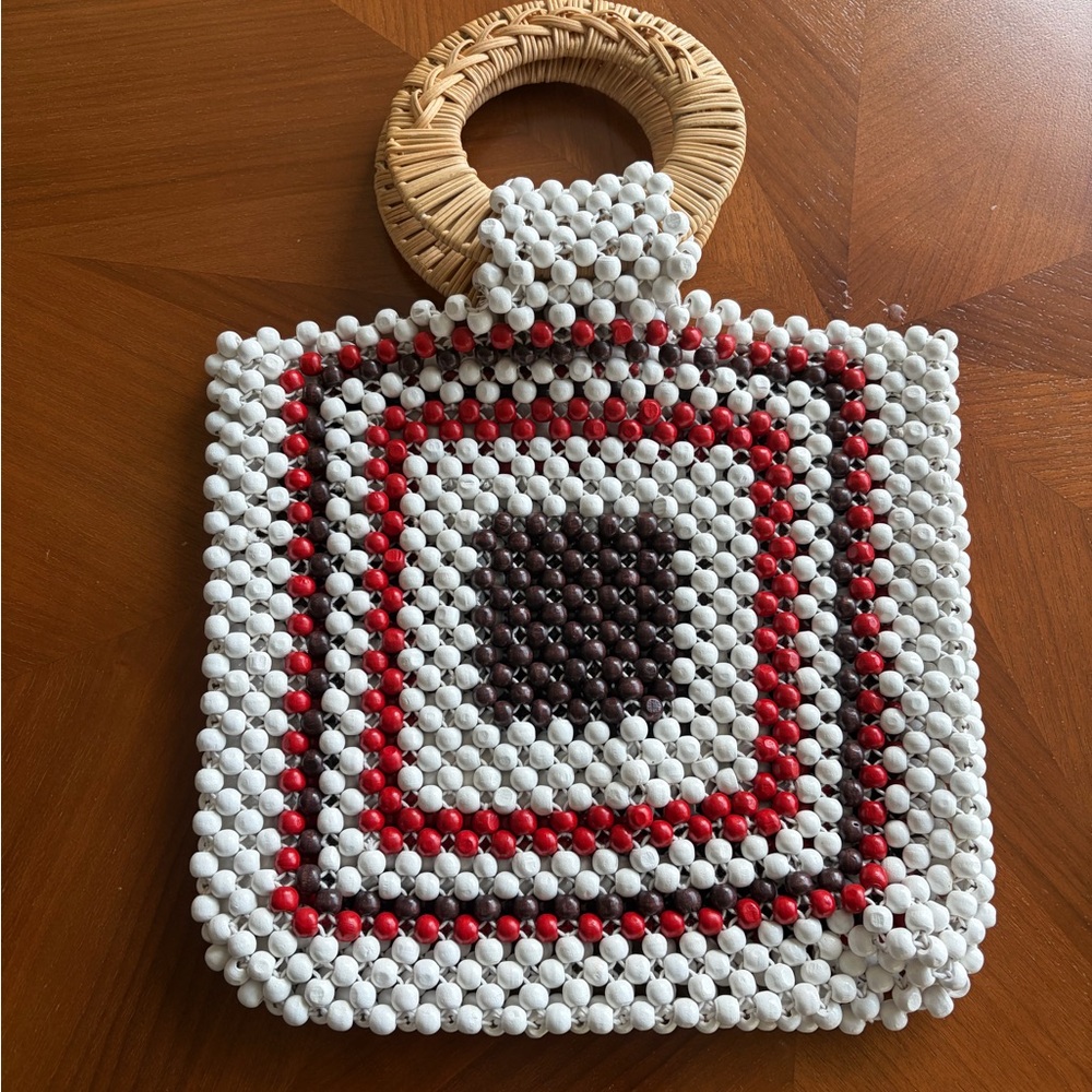 Ulla Johnson White, Red & Brown Beaded Mini Tote with Rattan Handles